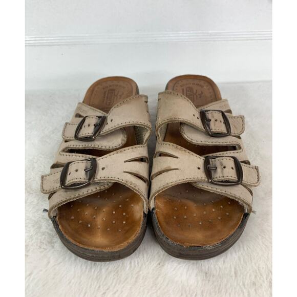 Fly Flot Womens Beige Leather Slide Sandals With Double Strap Buckle Design 6.5 - Picture 2 of 9